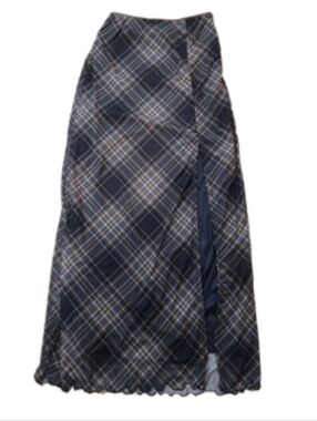 Y2K Mesh Plaid Maxi Skirt Lettuce Hem Slit, Small